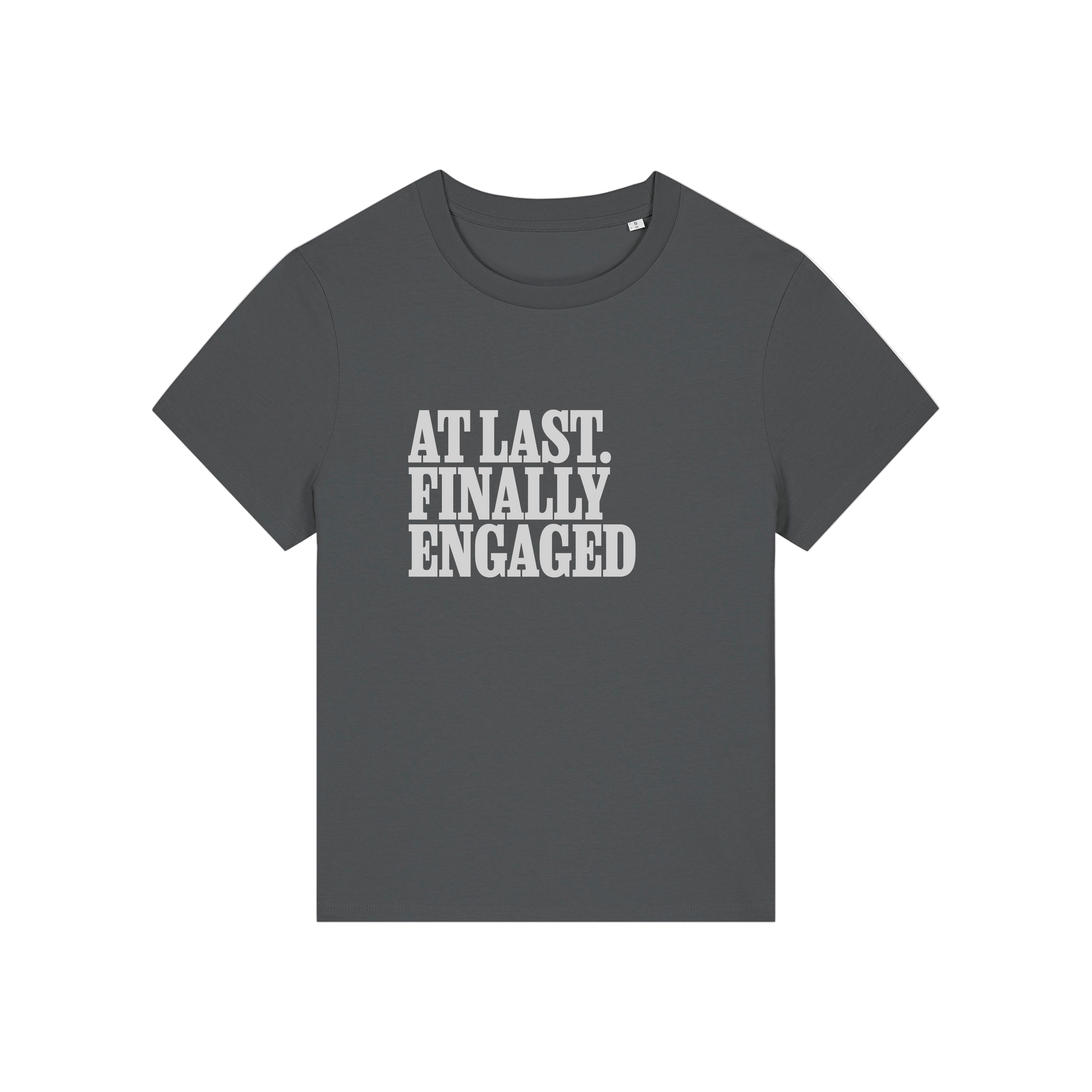grey matching t-shirt with the slogan 'at last finally engaged'