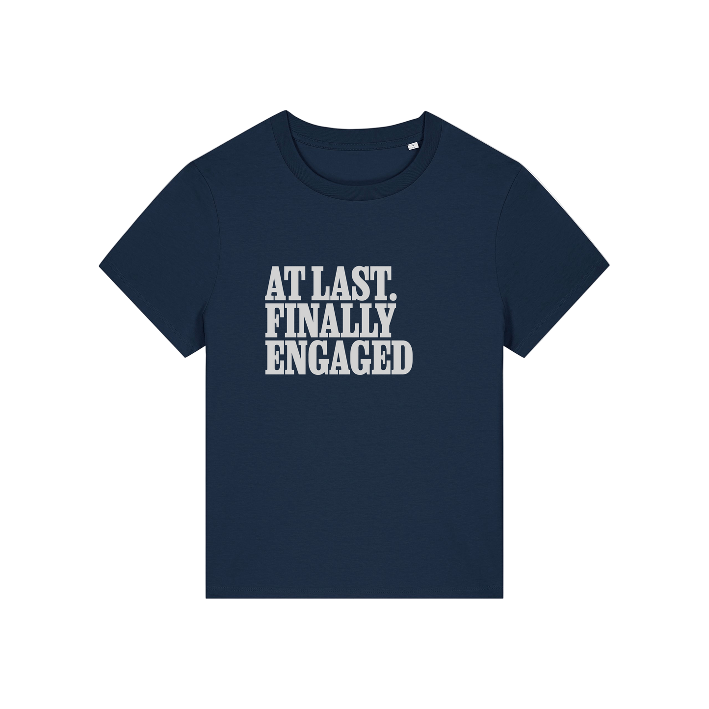 navy matching t-shirt with the slogan 'at last finally engaged'