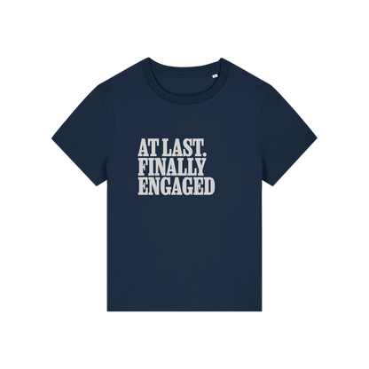 navy matching t-shirt with the slogan 'at last finally engaged'