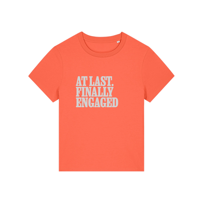 orange matching t-shirt with the slogan 'at last finally engaged'