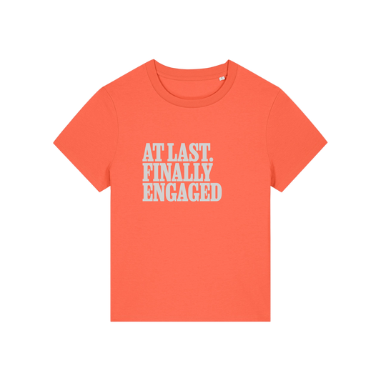 orange matching t-shirt with the slogan 'at last finally engaged'