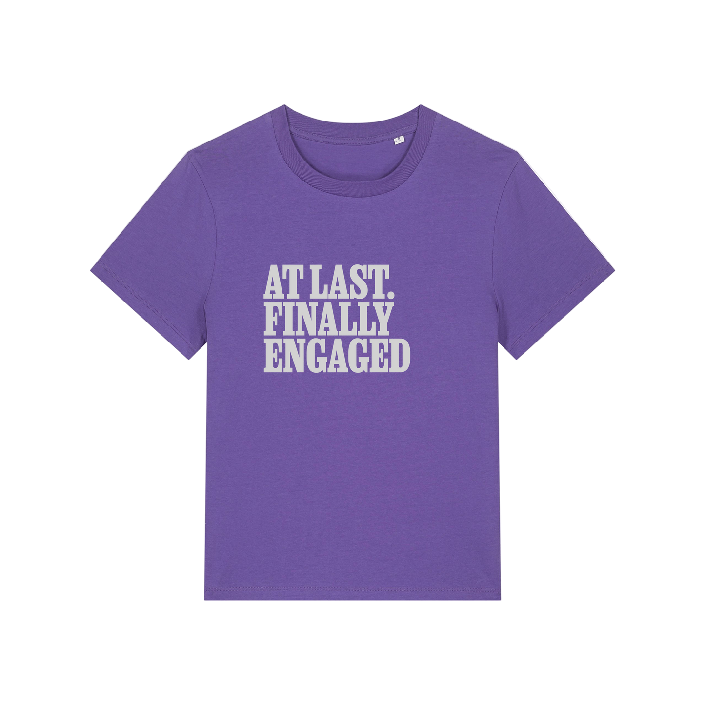 purple matching t-shirt with the slogan 'at last finally engaged'