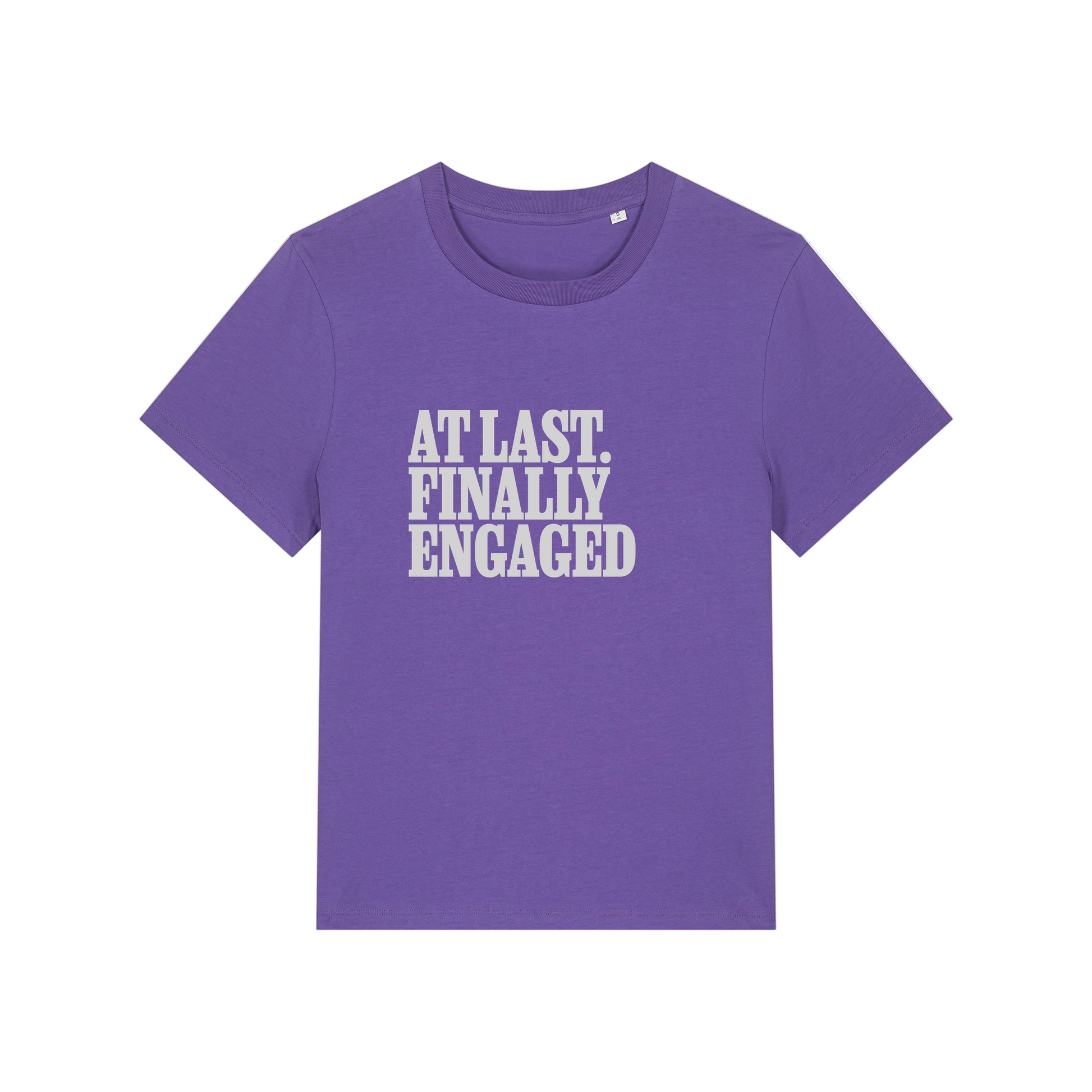 purple matching t-shirt with the slogan 'at last finally engaged'