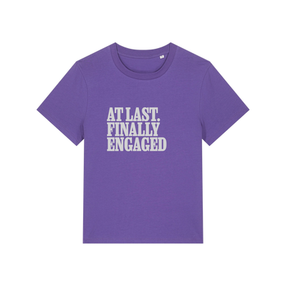 purple matching t-shirt with the slogan 'at last finally engaged'