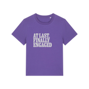 purple matching t-shirt with the slogan 'at last finally engaged'