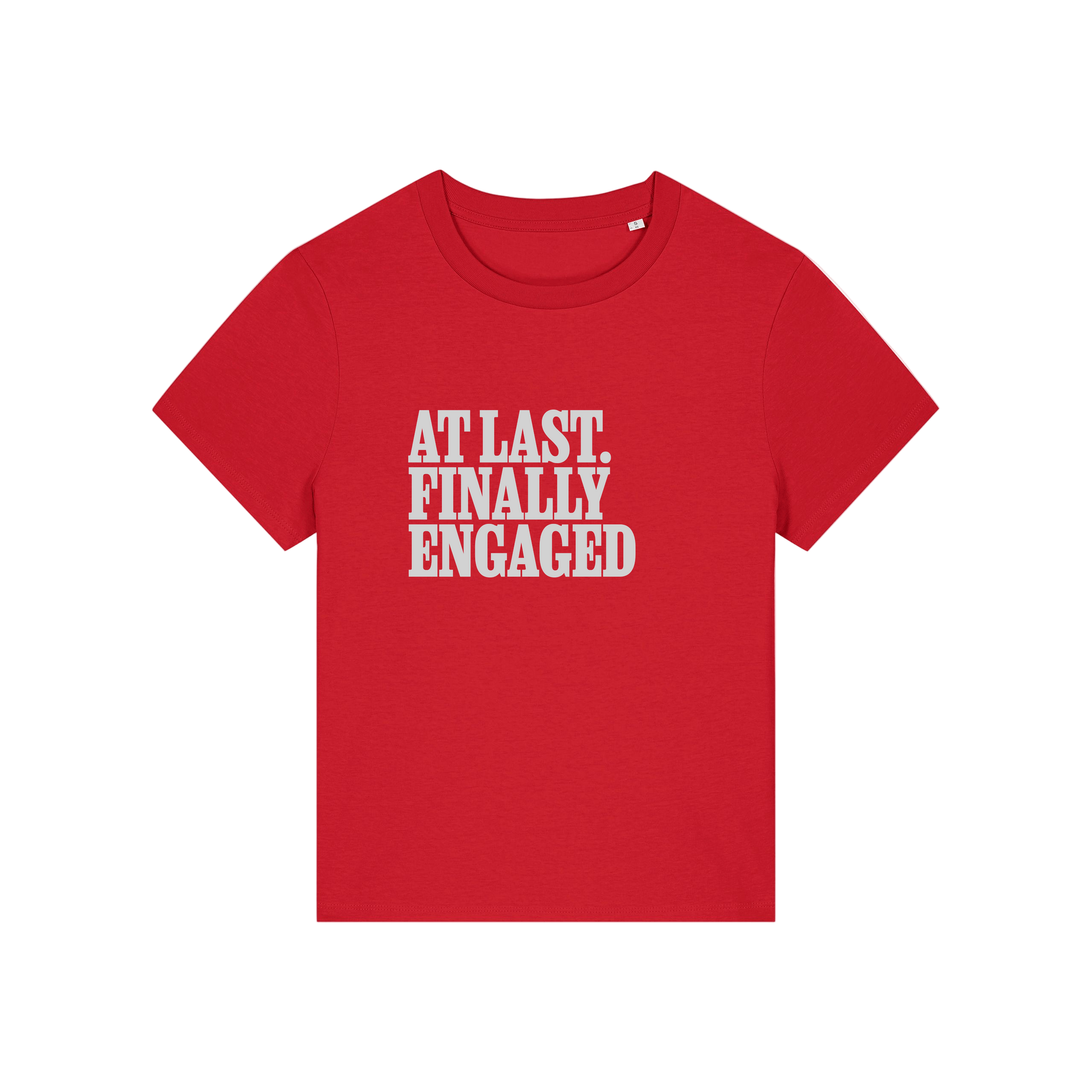 red matching t-shirt with the slogan 'at last finally engaged'