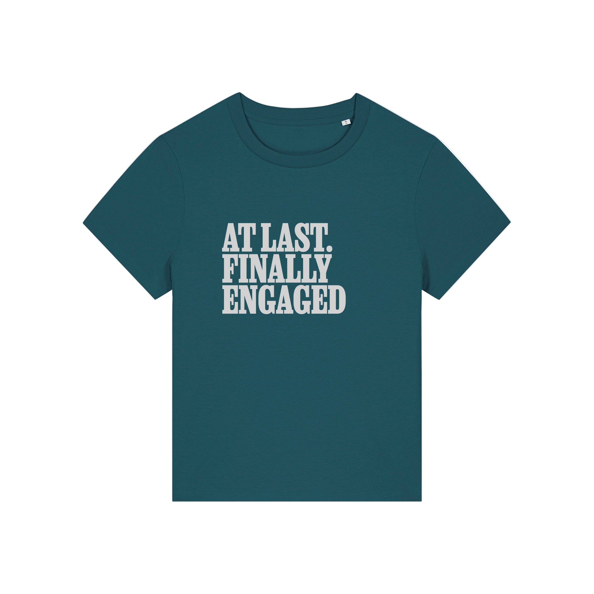 teal matching t-shirt with the slogan 'at last finally engaged'