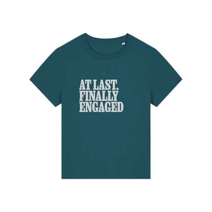 teal matching t-shirt with the slogan 'at last finally engaged'