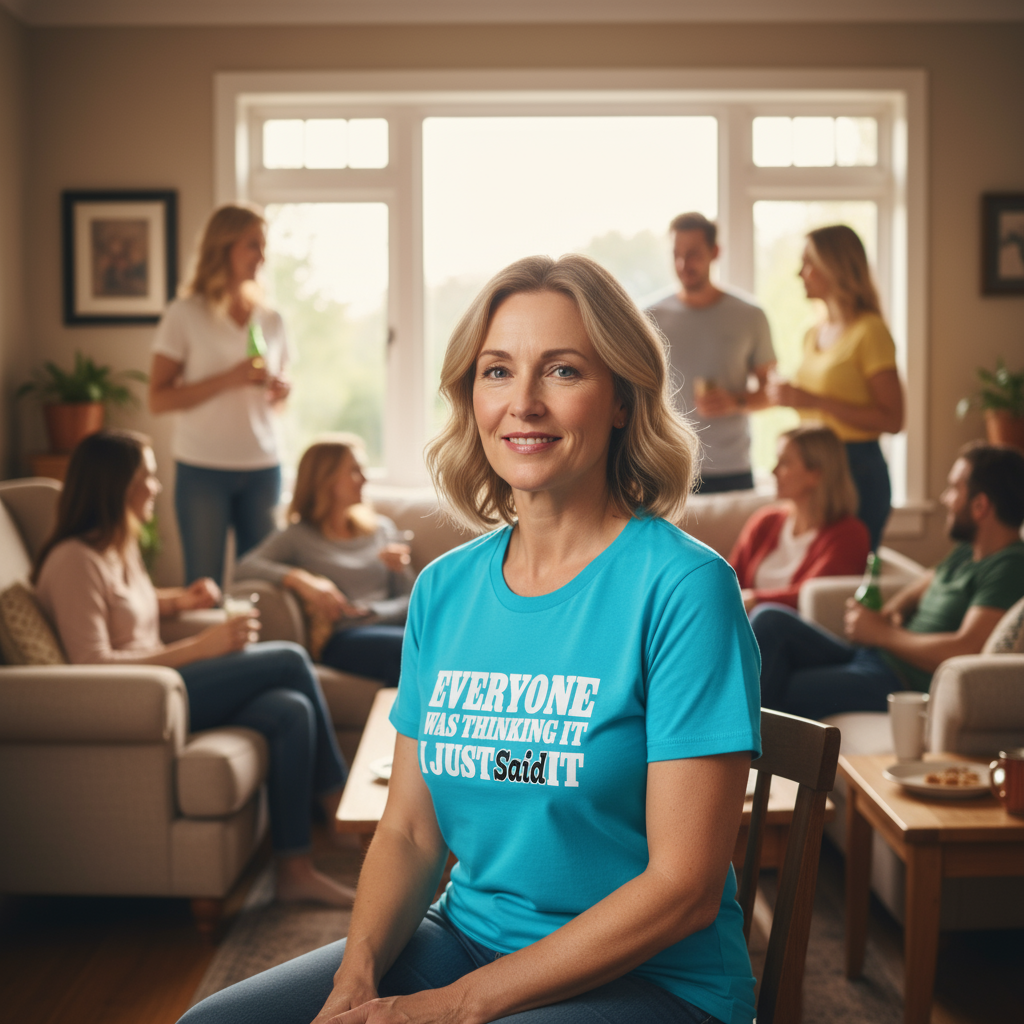 Woman in a blue t-shirt with text sitting in a living room with friends.