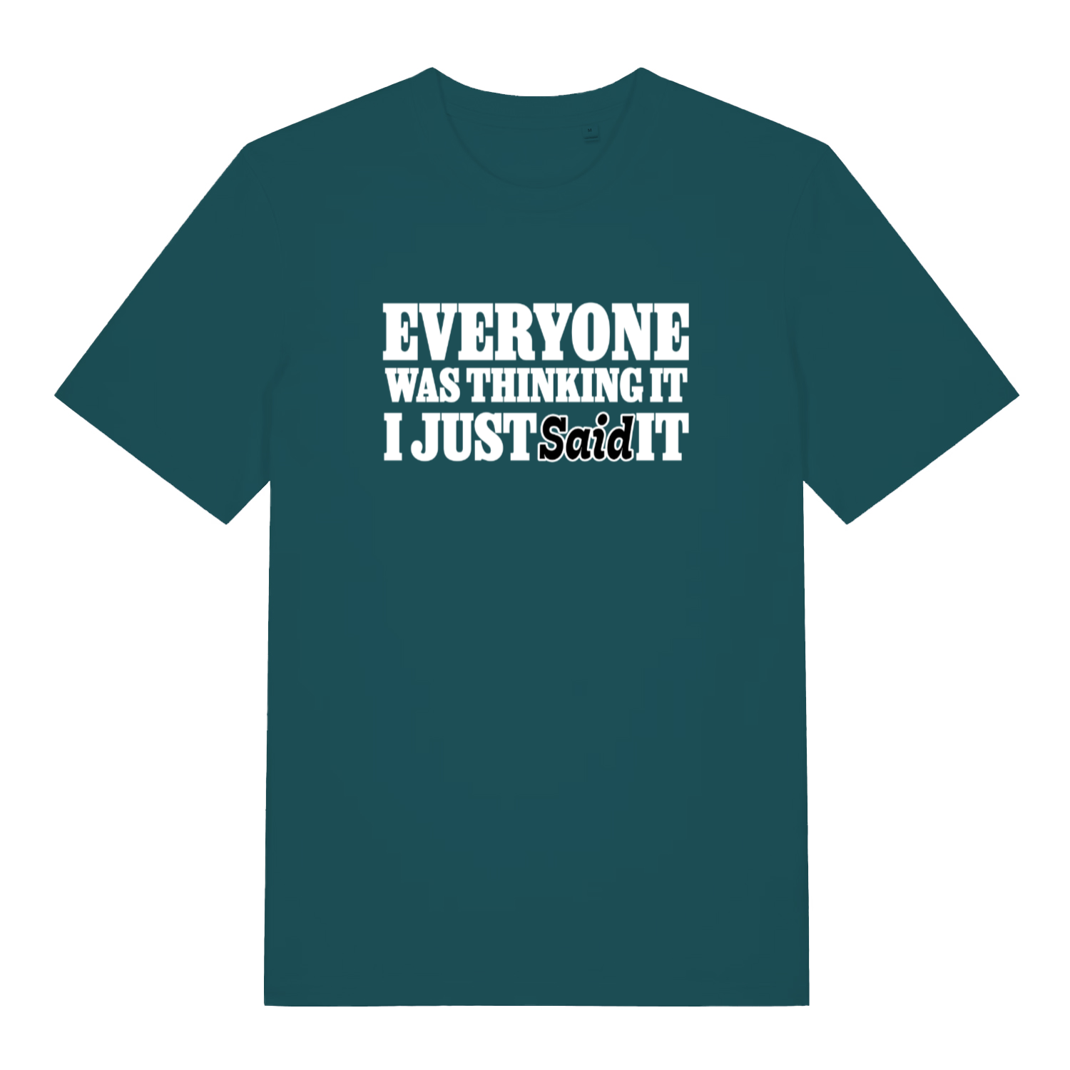 teal women's sarcastic t-shirt with the slogan 'everyone was thinking it i just said it'