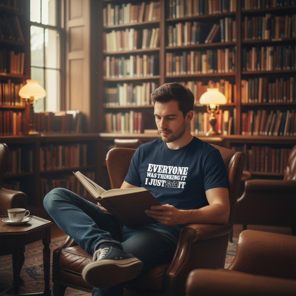 Man reading a book in a library with bookshelves in the background