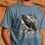 Blue funny t-shirt with a raven design and 'F CAW F' slogan