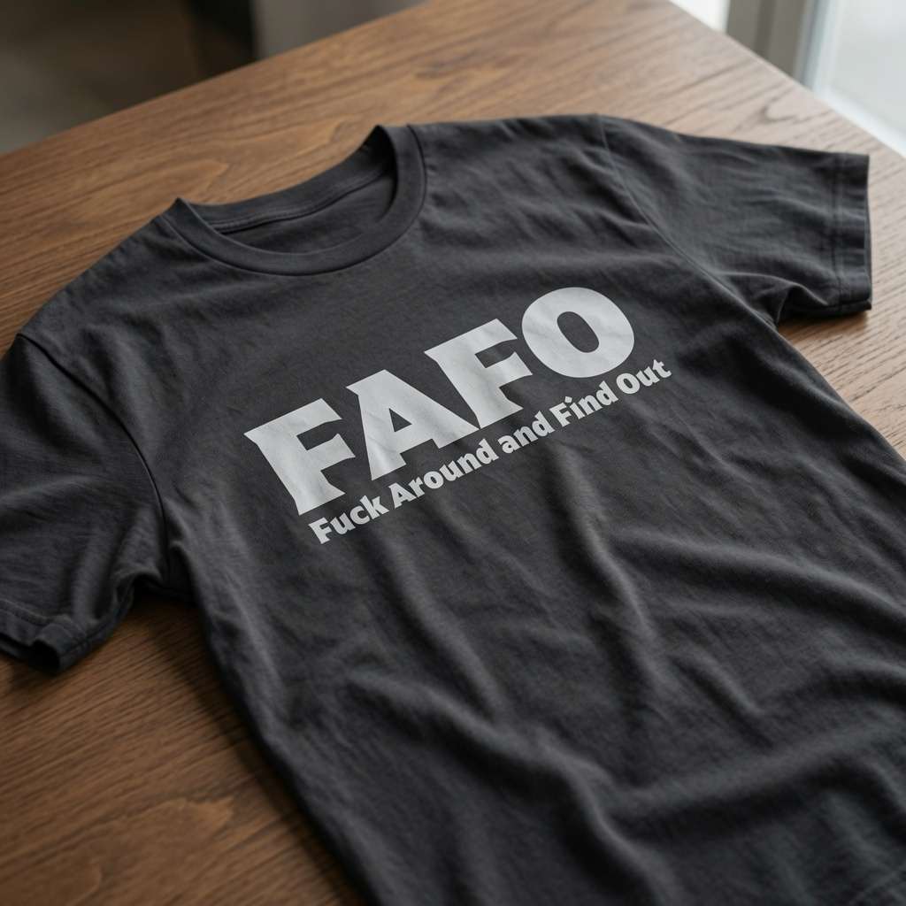 Black FAFO t-shirt on wood with Fuck Around and Find Out text, fun offensive motto mens rude slogan