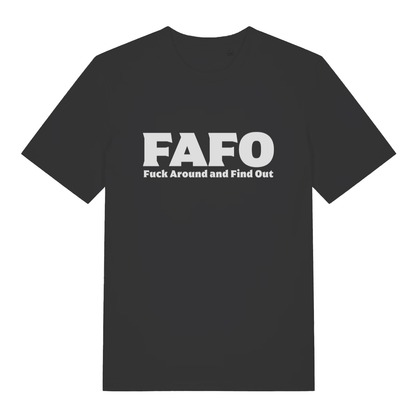Black FAFO T-shirt flat lay with "FAFO Fuck Around and Find Out" bold white slogan