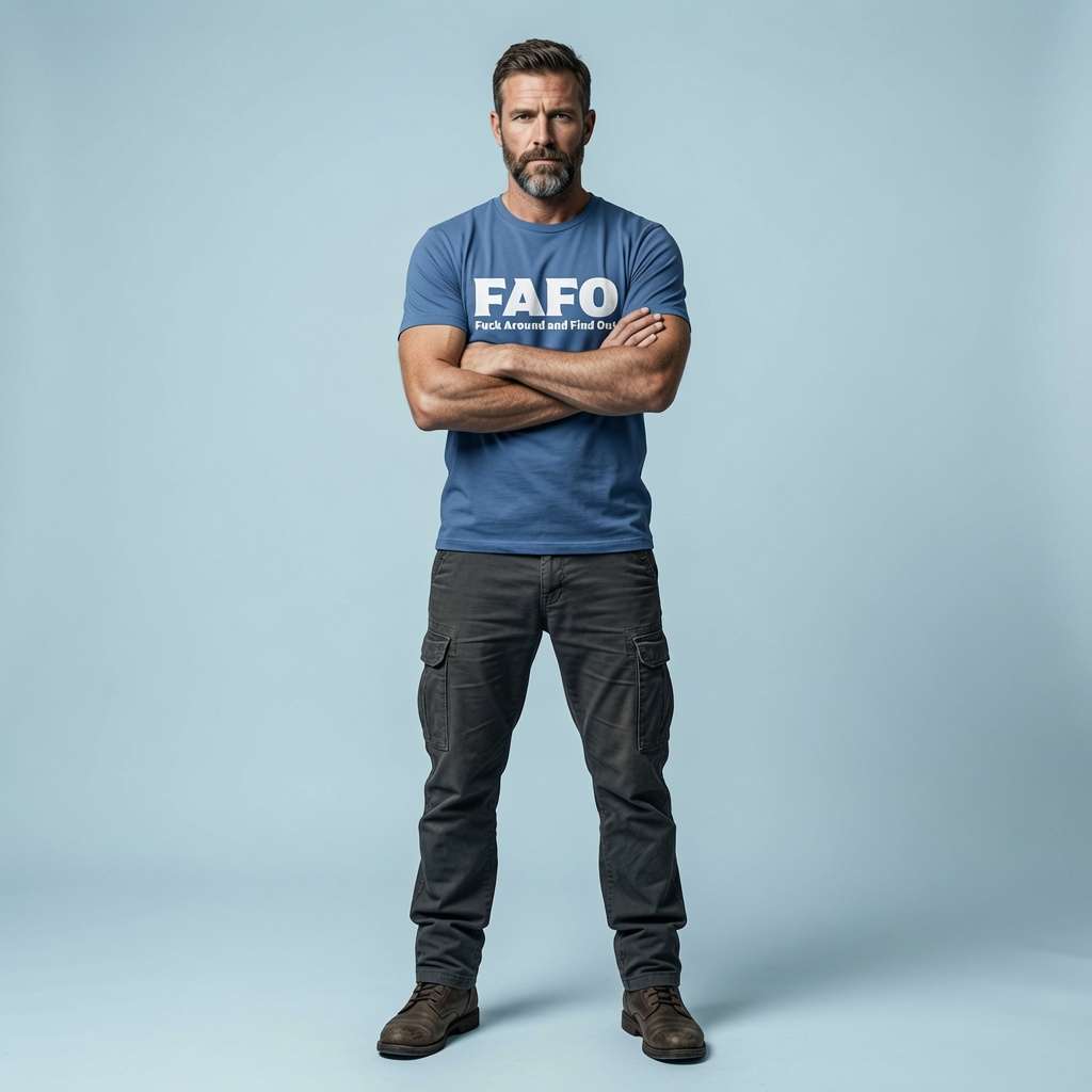 Man standing with arms crossed in bright blue FAFO t-shirt, funny rude motto offensive slogan