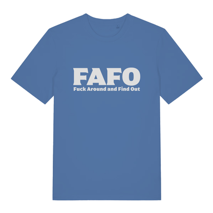 Bright Blue FAFO T-shirt flat lay featuring big acronym "Fuck Around and Find Out" graphic