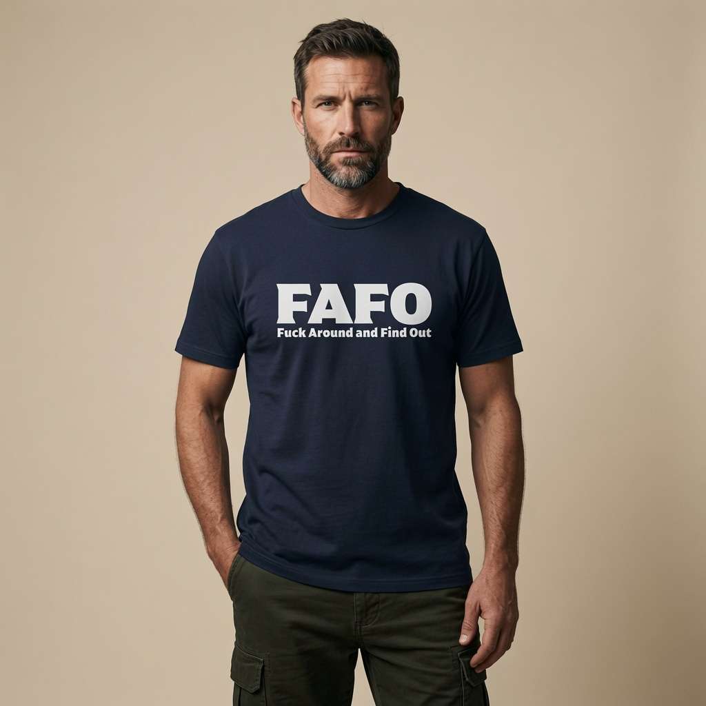 Bearded man with hand in pocket in french navy FAFO tee, offensive motto Gen X slogan