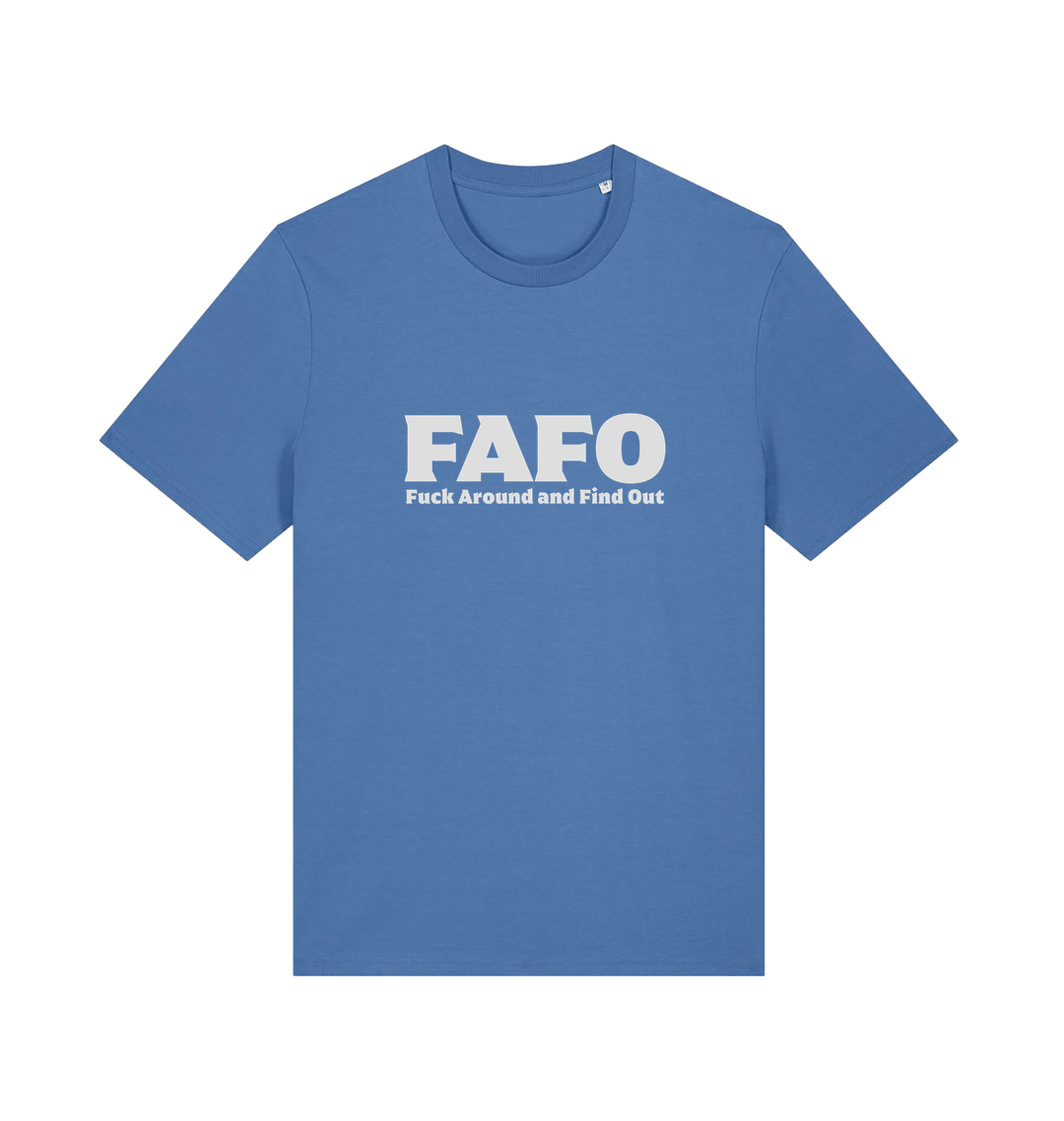 blue gen x t-shirt with 'FAFO Fuck Around and Find Out' slogan