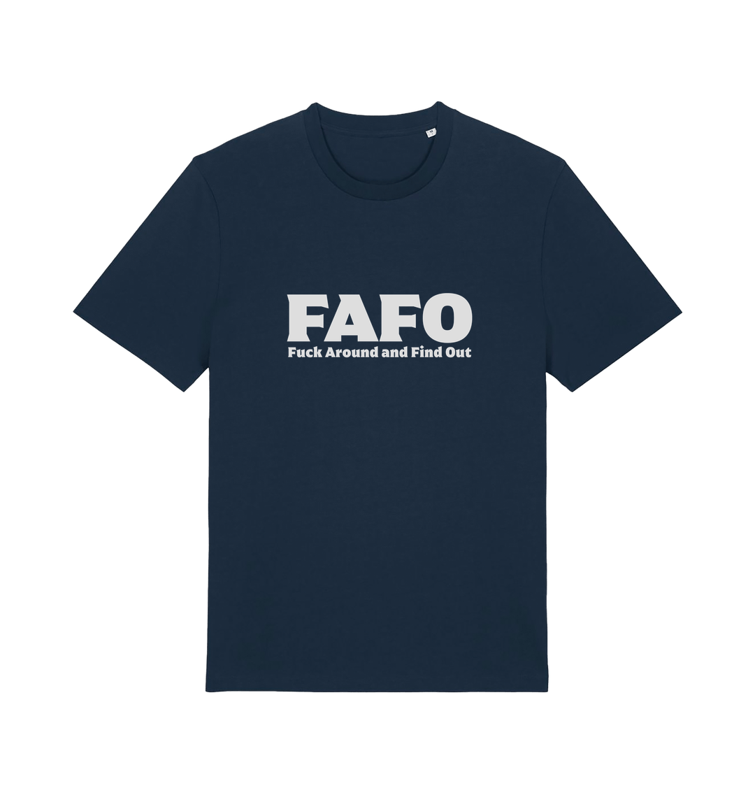 navy gen x t-shirt with 'FAFO Fuck Around and Find Out' slogan