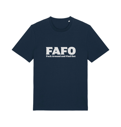 navy gen x t-shirt with 'FAFO Fuck Around and Find Out' slogan