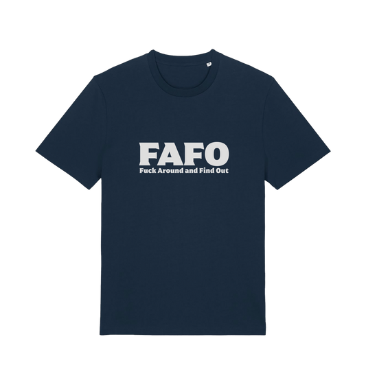 navy gen x t-shirt with 'FAFO Fuck Around and Find Out' slogan