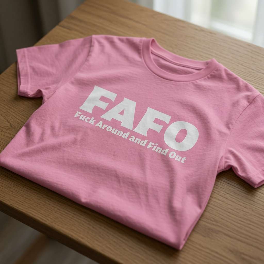 A pink short-sleeve T-shirt laid flat on a wooden table, featuring large white text that reads 'FAFO' with smaller text underneath reading 'Fuck Around and Find Out'.