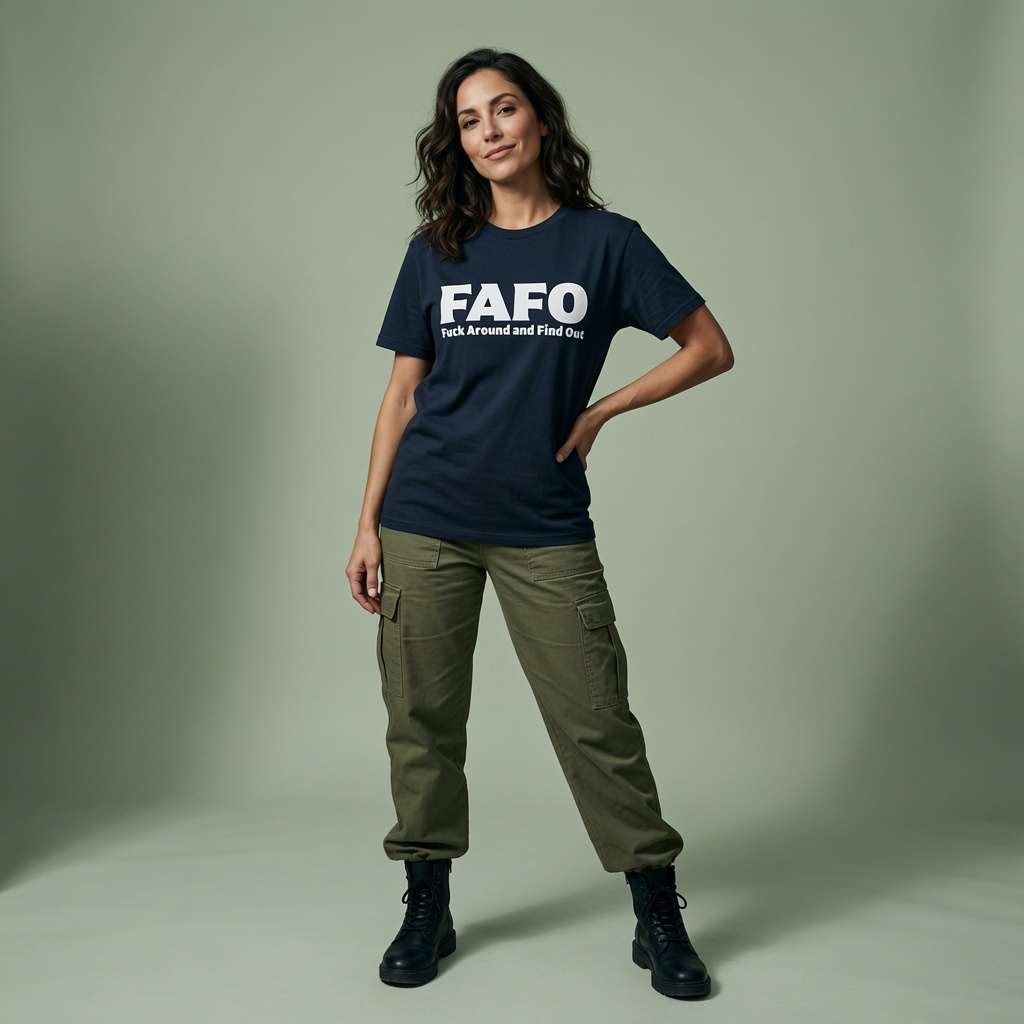 A woman modeling a navy blue graphic t-shirt with white text that reads 'FAFO talk around and find out', paired with olive green cargo pants and black boots, against a solid sage green studio background.