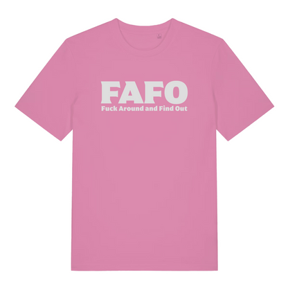 pink women's gen x t-shirt with the slogan 'fafo fuck around and find out'