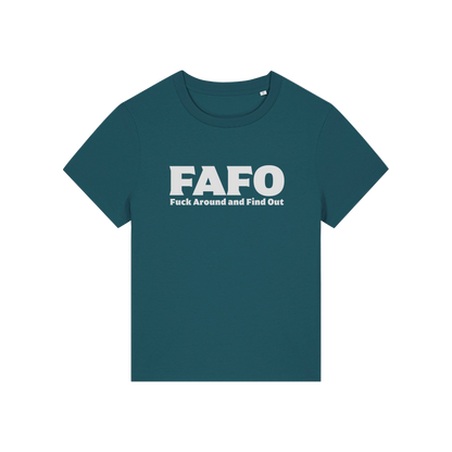 teal gen x t-shirt with the slogan 'fafo - fuck around and find out'