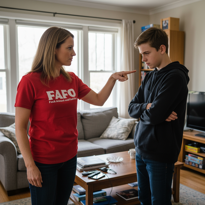 Woman in a red 'FAFO' shirt pointing at a boy in a living room.