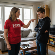 Woman in a red 'FAFO' shirt pointing at a boy in a living room.