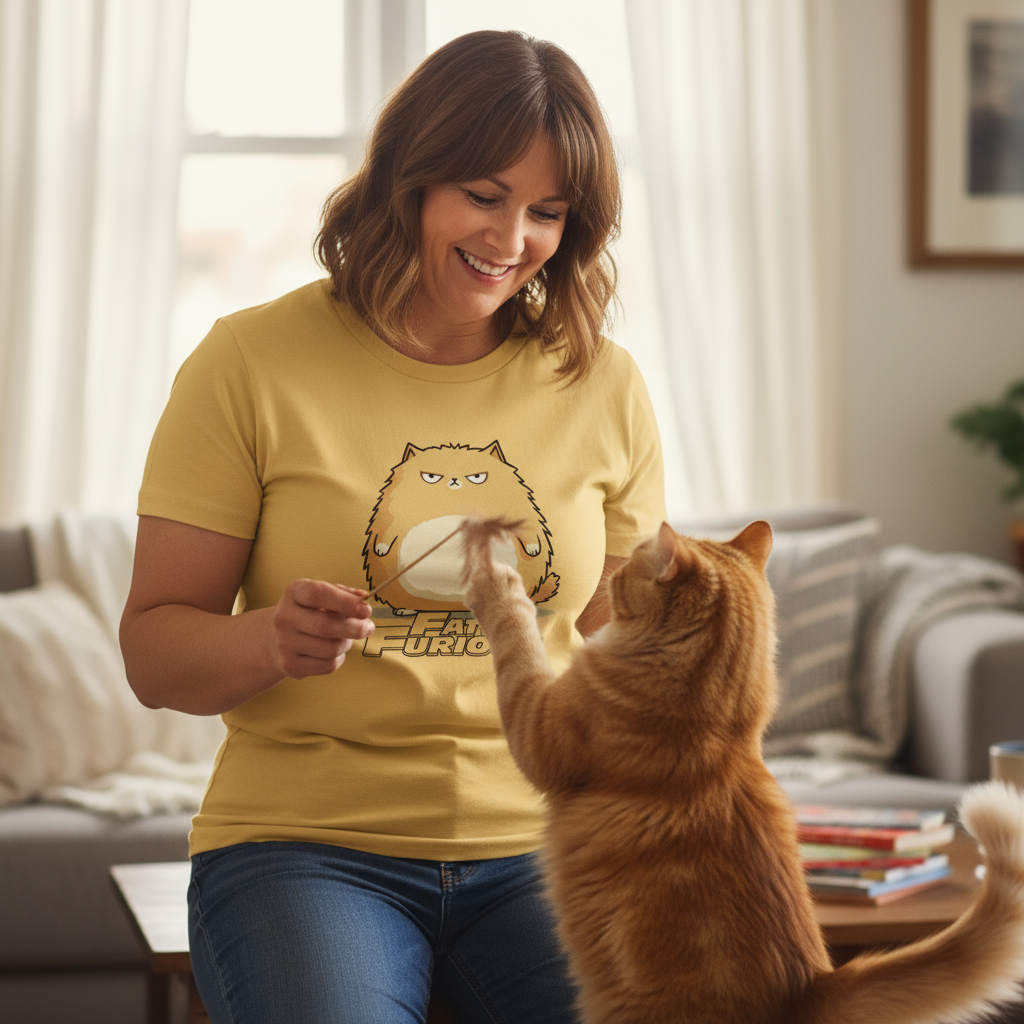 Woman in a yellow t-shirt with a cat graphic interacting with an orange cat in a living room.