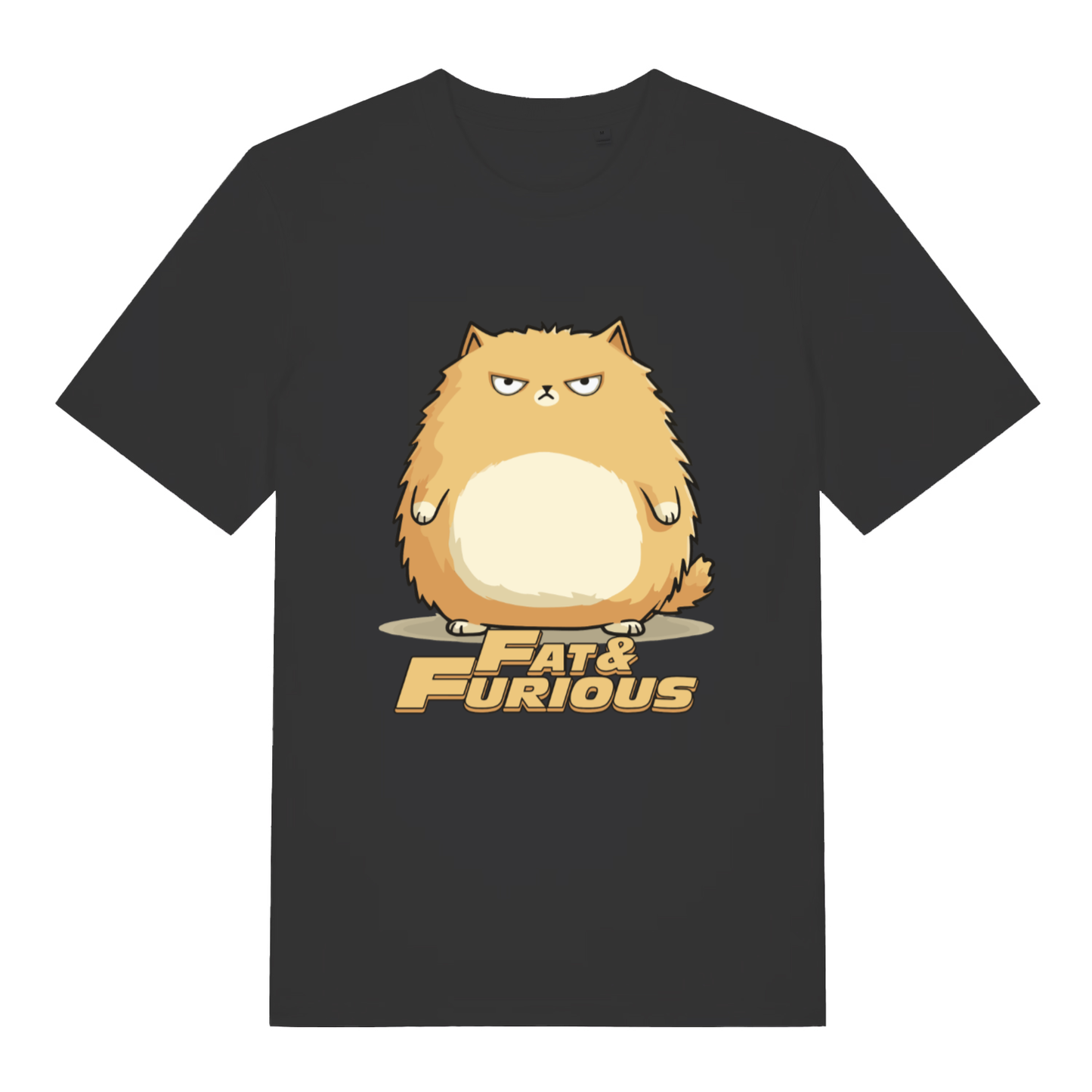 Black Fat & Furious T-shirt flat lay with chubby angry cat graphic and "Fat & Furious" text