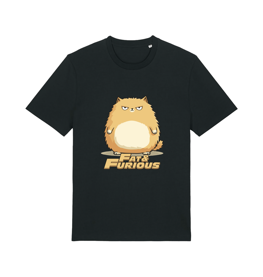 Black funny t-shirt with a cartoon cat graphic and 'Fat & Furious' slogan
