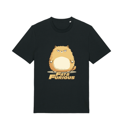 Black funny t-shirt with a cartoon cat graphic and 'Fat & Furious' slogan