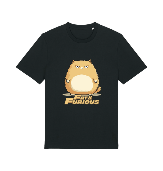 Black funny t-shirt with a cartoon cat graphic and 'Fat & Furious' slogan