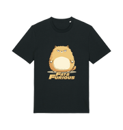 Black funny t-shirt with a cartoon cat graphic and 'Fat & Furious' slogan