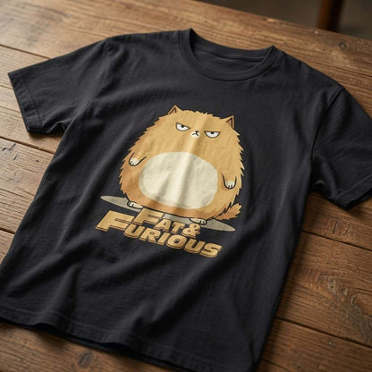 A black graphic t-shirt featuring a cartoon illustration of a grumpy orange cat with the text 'FAT & FURIOUS' underneath, laid flat on a rustic wooden surface.