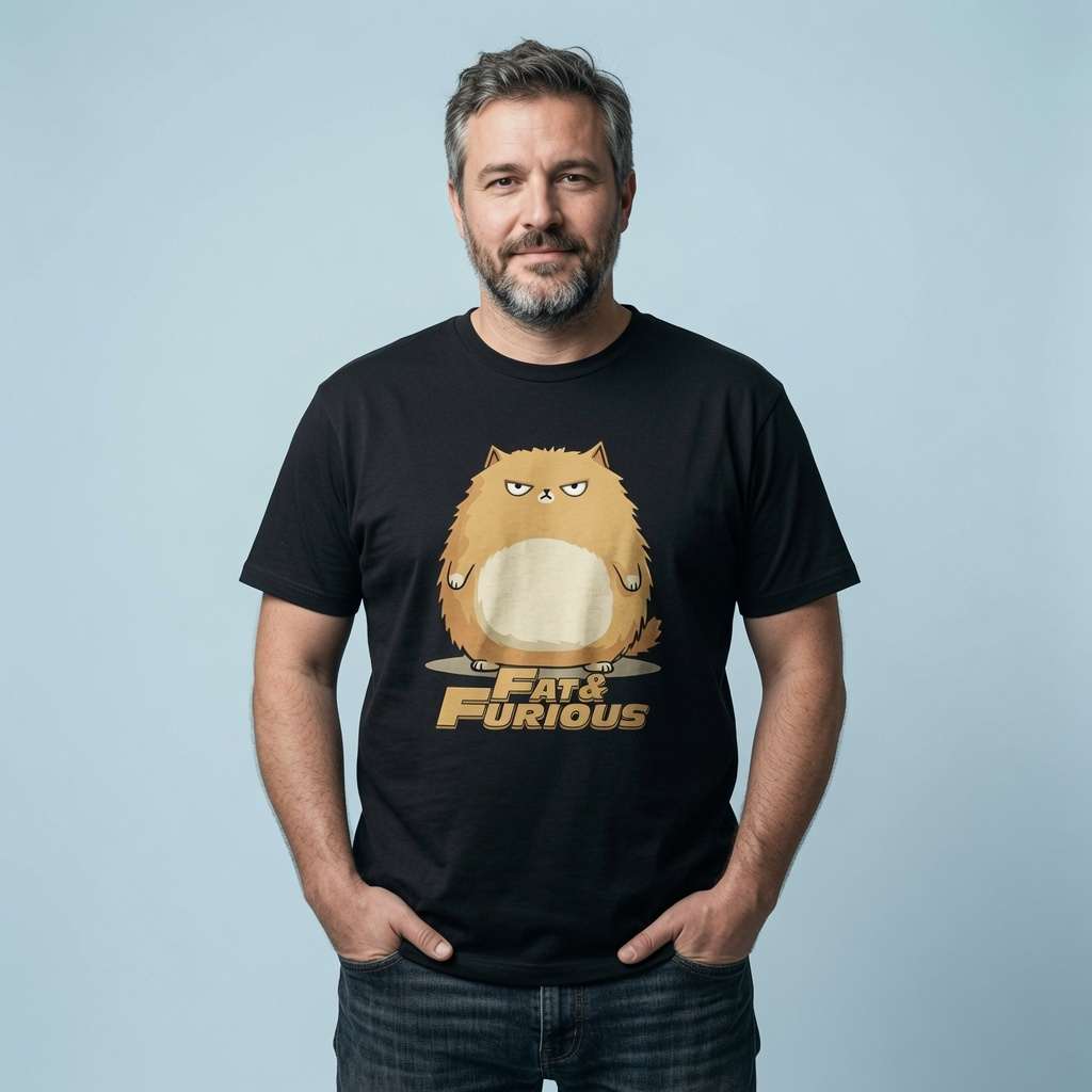 Man standing with hands in pockets in black Fat & Furious t-shirt featuring chubby orange cat, witty fun cat movie pun