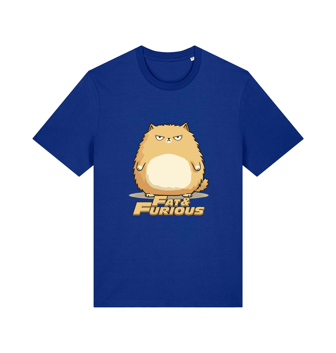 blue funny t-shirt with a cartoon cat graphic and 'Fat & Furious' slogan