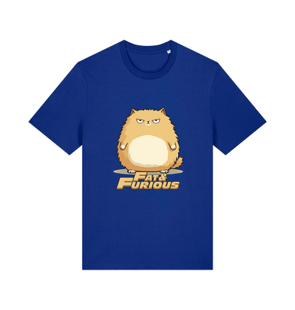 blue funny t-shirt with a cartoon cat graphic and 'Fat & Furious' slogan