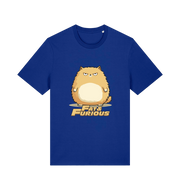 blue funny t-shirt with a cartoon cat graphic and 'Fat & Furious' slogan