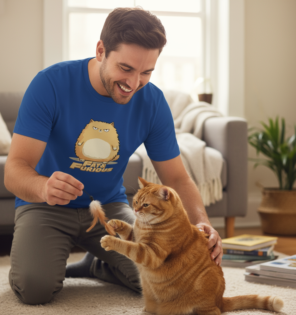 Man in a blue t-shirt with a funny cat graphic, playing with an orange cat in a living room.