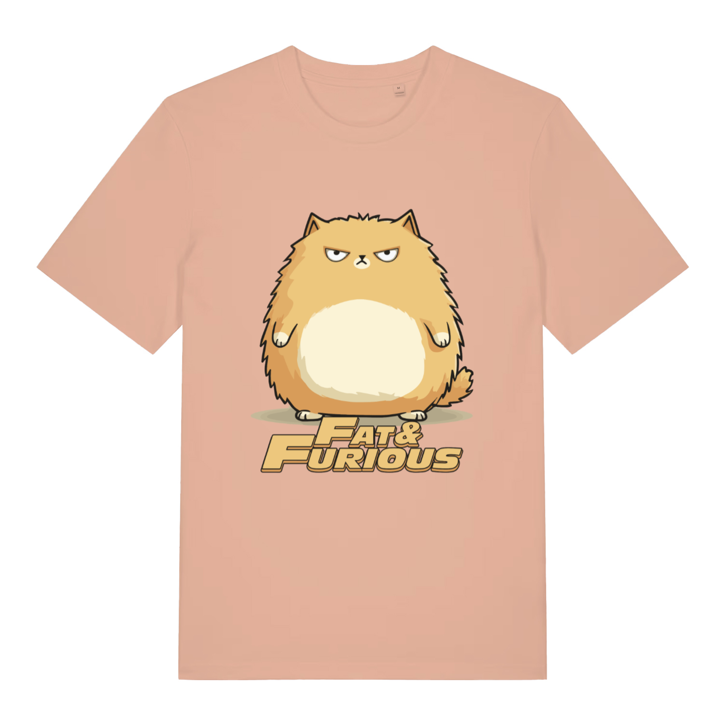 Fraiche Peche Fat & Furious T-shirt flat lay featuring cute overweight furious feline design
