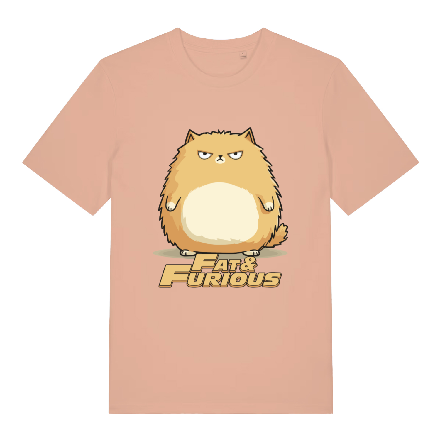 Fraiche Peche Fat & Furious T-shirt flat lay featuring cute overweight furious feline design