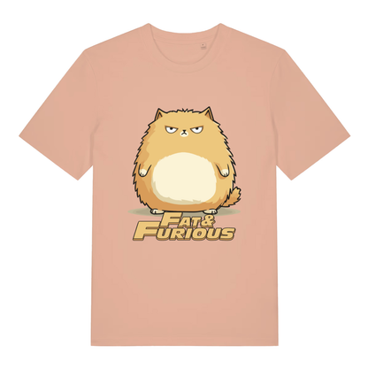 Fraiche Peche Fat & Furious T-shirt flat lay featuring cute overweight furious feline design