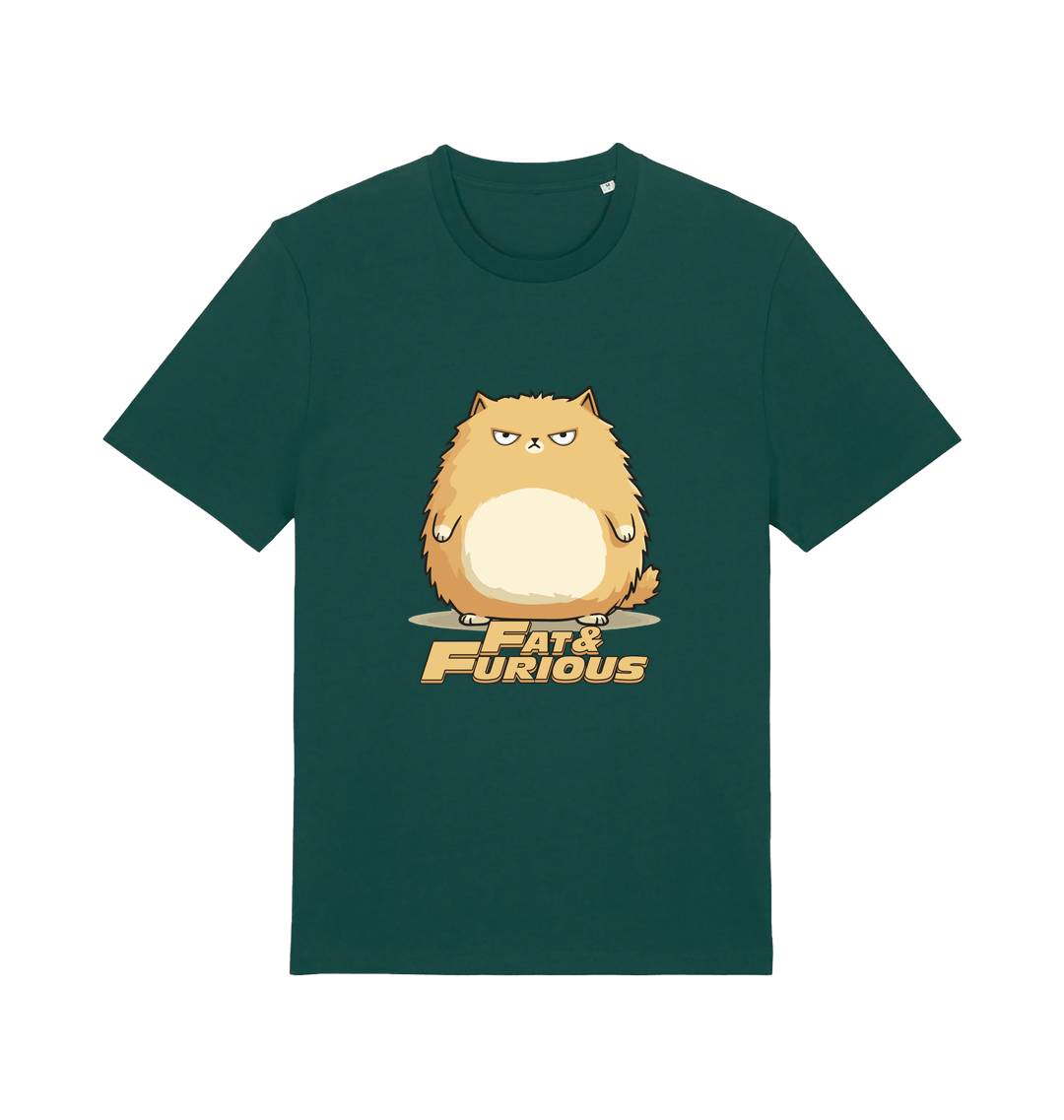 green funny t-shirt with a cartoon cat graphic and 'Fat & Furious' slogan