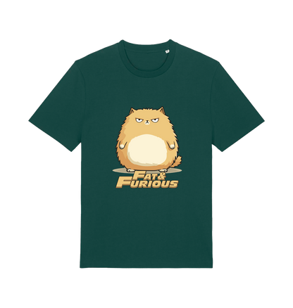 green funny t-shirt with a cartoon cat graphic and 'Fat & Furious' slogan