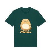 green funny t-shirt with a cartoon cat graphic and 'Fat & Furious' slogan