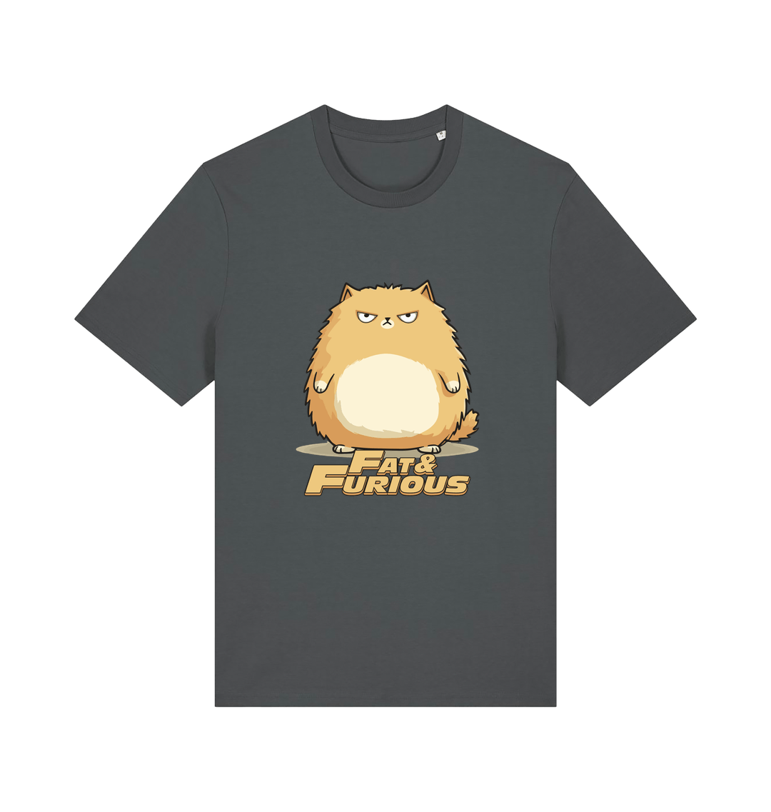 grey funny t-shirt with a cartoon cat graphic and 'Fat & Furious' slogan